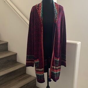 NWOT Sahalie Multicolor Geometric Knit Shawl Collar Longline / Duster Cardigan.